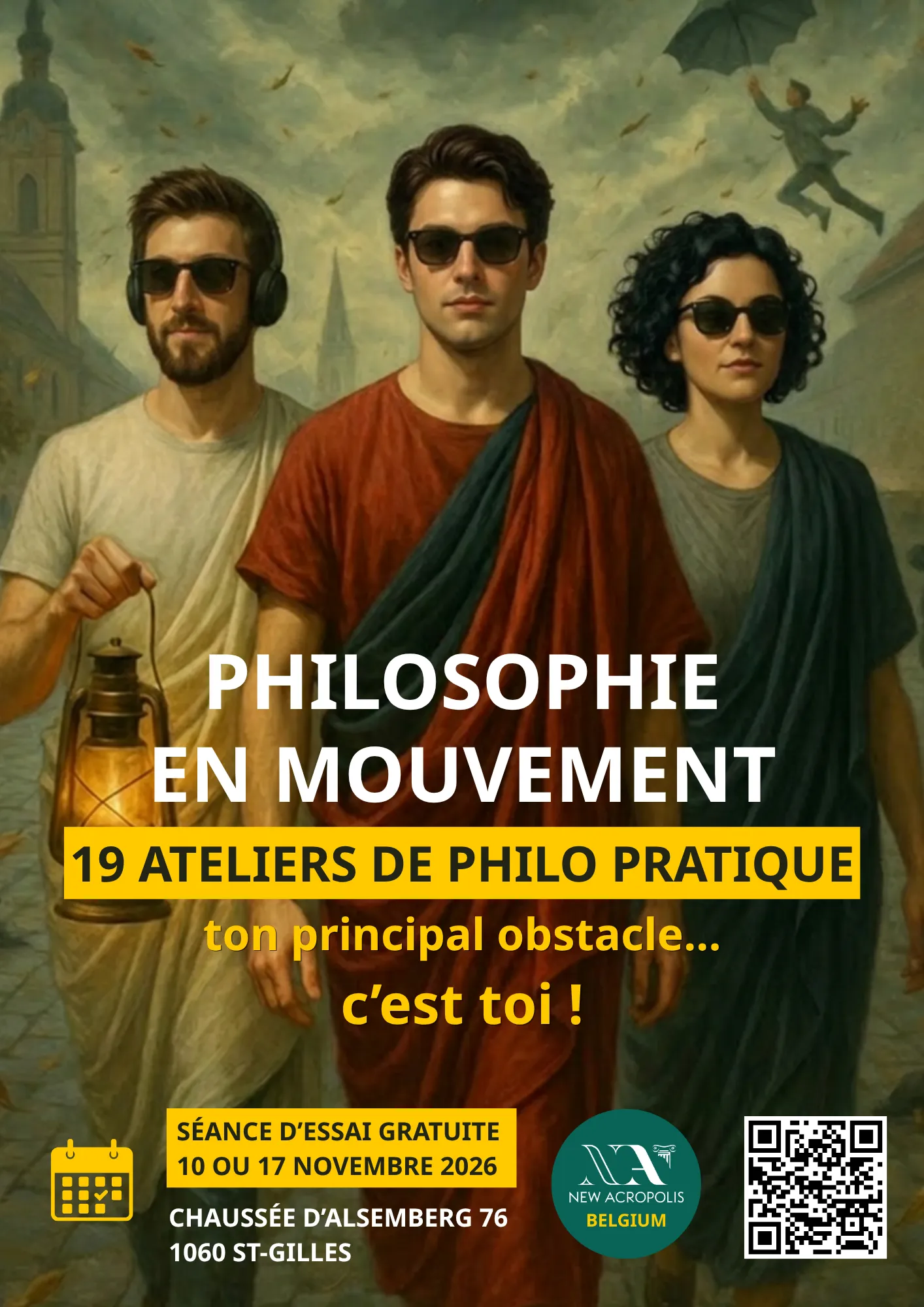 Affiche des prochaines séances d'information des ateliers de philosophie pratique à Bruxelles.